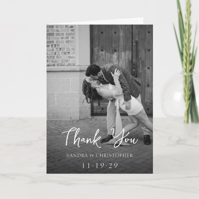 Tarjeta De Agradecimiento Elegante Boda moderno de fotografía en blanco y ne (Anverso)