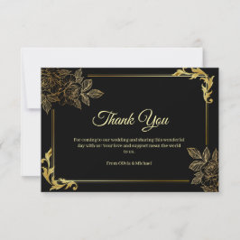 Tarjeta De Agradecimiento Elegante boda negra y dorada 