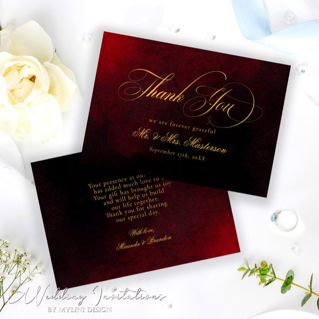 Tarjeta De Agradecimiento Elegante Boda negro y rojo dorado (Subido por el creador)