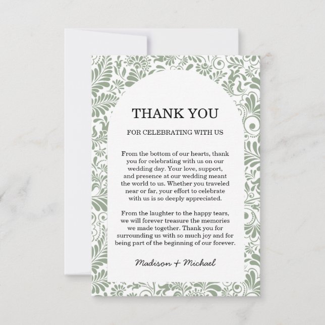 Tarjeta De Agradecimiento Elegante Boda Ornate Swirl Sage Green Floral (Anverso)