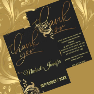 Tarjeta De Agradecimiento Elegante Boda Personalizada Negra Y Oro
