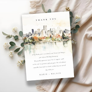 Tarjeta De Agradecimiento Elegante Boda Portland Oregon Skyline Watercolor