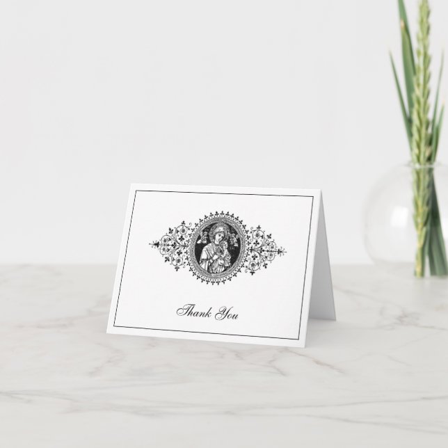 Tarjeta De Agradecimiento Elegante Boda Religiosa Negra y Blanca Gracias (Anverso)