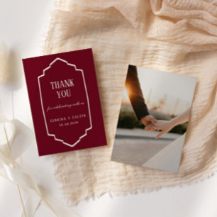 Tarjeta De Agradecimiento Elegante Boda Retro a Cuadros Burdeos
