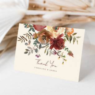 Tarjeta De Agradecimiento Elegante Boda Rojo Floral de Caída Romántica