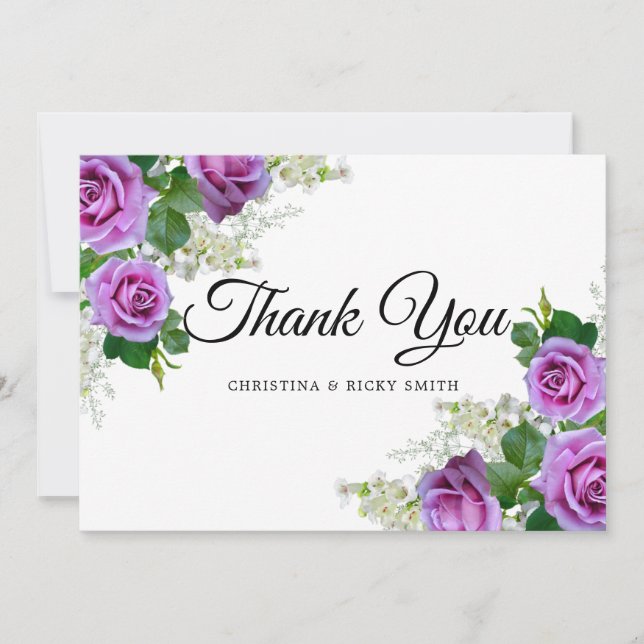 Tarjeta De Agradecimiento Elegante Boda Rosa Bouquet Flores Rosa (Anverso)