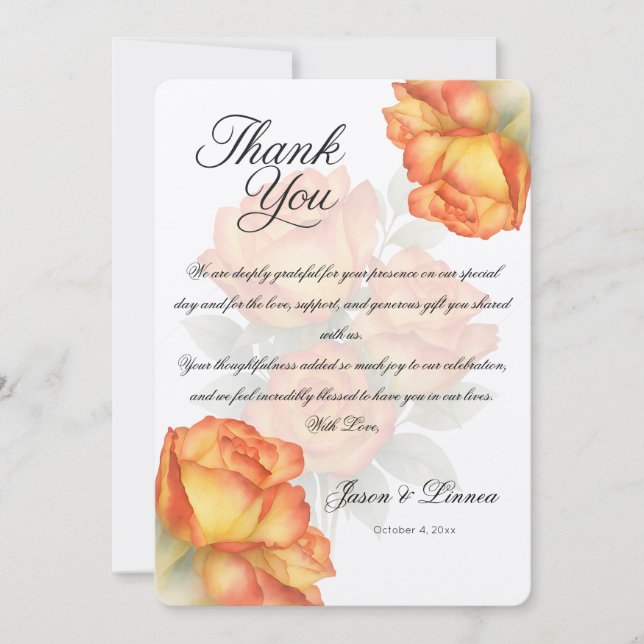 Tarjeta De Agradecimiento Elegante Boda Rosas de acuarela Pastel Petals (Anverso)