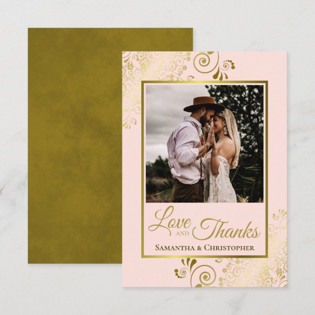 Tarjeta De Agradecimiento Elegante Boda Rubor Pink & Gold Love & Gracias (Anverso / Reverso)