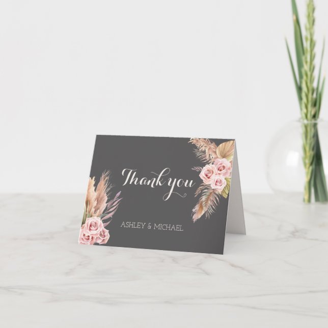Tarjeta De Agradecimiento Elegante Boda Rústico Boho Moda Floral Negro (Anverso)