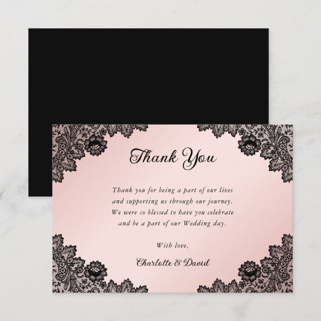 Tarjeta De Agradecimiento Elegante Boda Rústico Negro y Rubor Floral Lace (Anverso / Reverso)