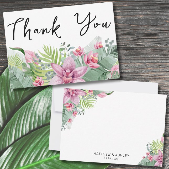 Tarjeta De Agradecimiento Elegante Boda tropical floral (Modern Elegant Palm Floral Beach Tropical Wedding Thank You Card)