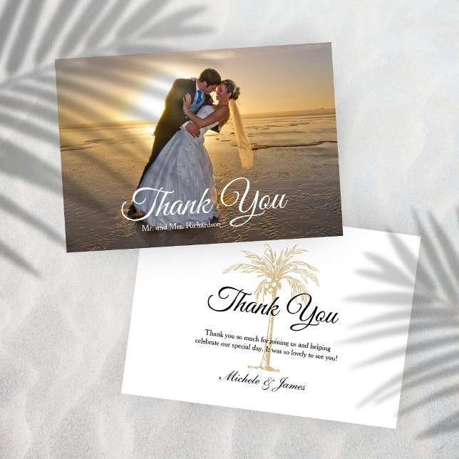 Tarjeta De Agradecimiento Elegante Boda Tropical Gold Palm Tree (Elegant Tropical Gold Palm Tree Wedding Photo Thank You Card)