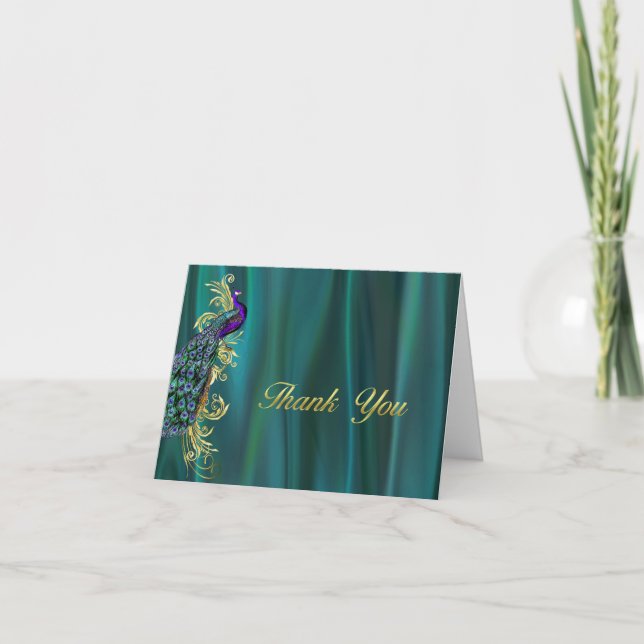 Tarjeta De Agradecimiento Elegante Boda Verde azulado satinado y pavo real g (Anverso)