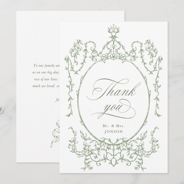 Tarjeta De Agradecimiento Elegante Boda Verde Ornate Ornate Floral Sage (Anverso / Reverso)