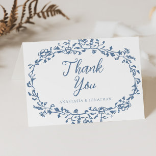 Tarjeta De Agradecimiento Elegante Boda Vintage de Floral Azul