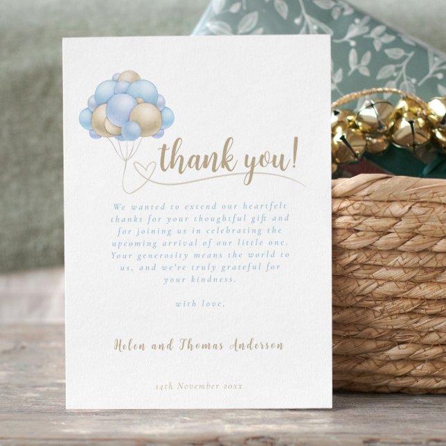 Tarjeta De Agradecimiento Elegante Boho Blue Balloon Baby Shower (Elegant Boho Blue Balloon Baby Shower Thank You Card)