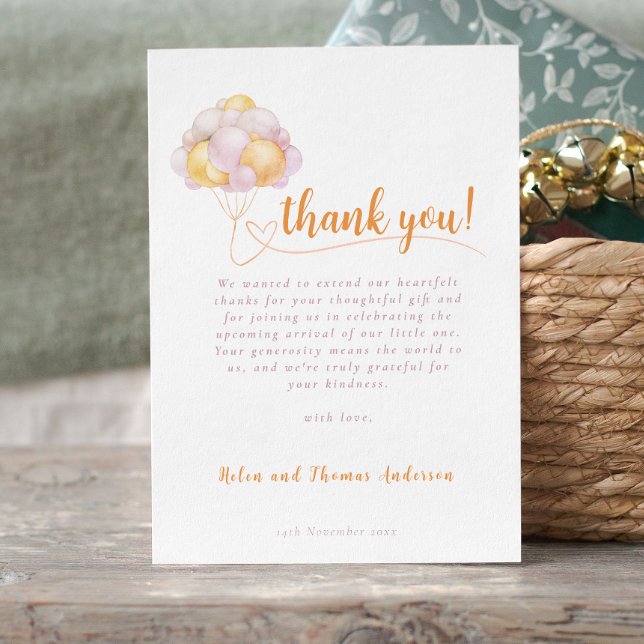 Tarjeta De Agradecimiento Elegante Boho Chica Balloon Baby Shower (Elegant Boho Girl Balloon Baby Shower Thank You Card)