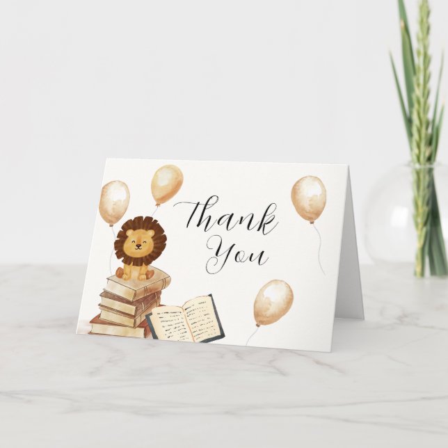 Tarjeta De Agradecimiento Elegante Boho New Chapter Lion Balloon Baby Shower (Anverso)