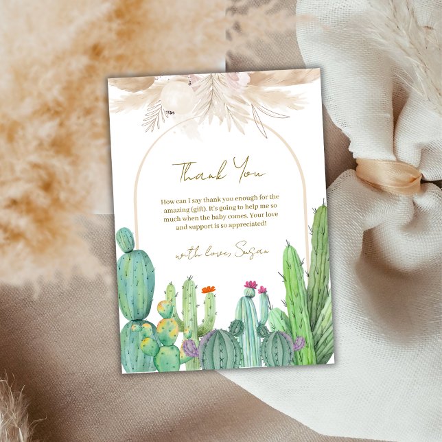 Tarjeta De Agradecimiento Elegante Boho Occidental Ducha de Bebé Arco de Cac (Elegant Boho Western Cactus Arch Baby Shower Thank You Card)