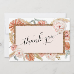 Tarjeta De Agradecimiento Elegante Boho Rubor Floral Tropical Palma Pampas