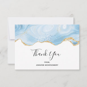 Tarjeta De Agradecimiento Elegante borde azul y de oro agate gracias