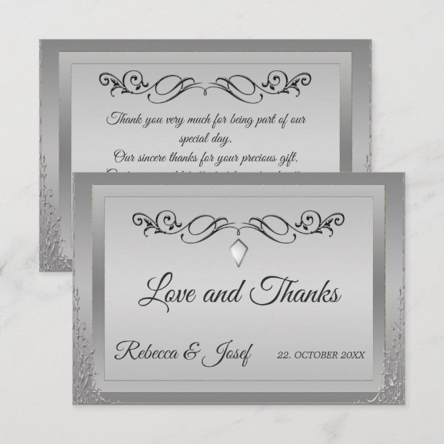 Tarjeta De Agradecimiento Elegante borde de esquina ornamentado de plata (Anverso / Reverso)