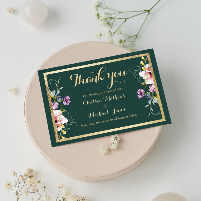 Tarjeta De Agradecimiento Elegante bosque verde oro rosa floral Gracias (Elegant forest green gold pink floral Thank You )