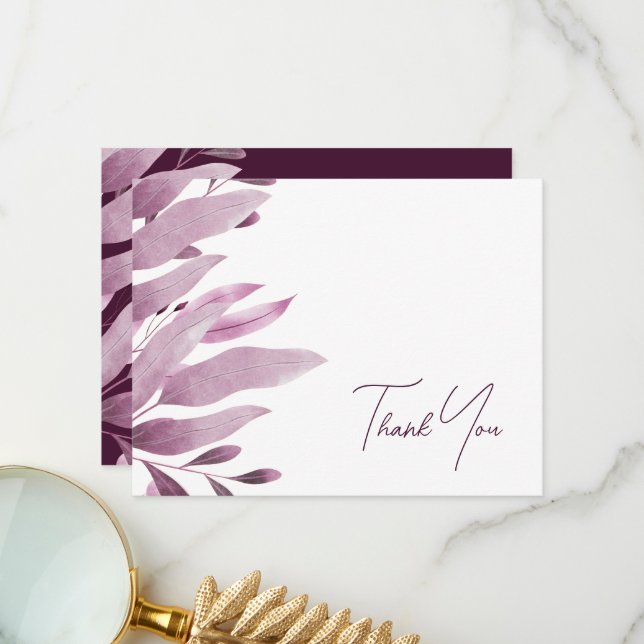 Tarjeta De Agradecimiento Elegante Burgundy Grandes Hojas Boda Gracias Tarje (Anverso/Reverso In Situ)