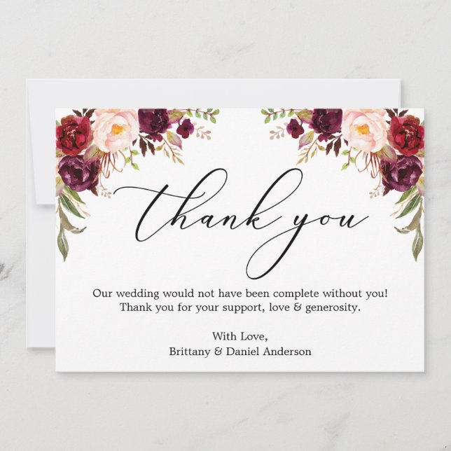Tarjeta De Agradecimiento Elegante caligrafía acuarela Borgoña Floral (Anverso)