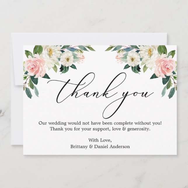 Tarjeta De Agradecimiento Elegante caligrafía acuarela Floral blanca rosa (Anverso)