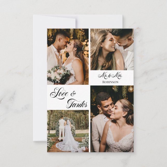 Tarjeta De Agradecimiento Elegante caligrafía Boda Collage de fotos Gracias (Anverso)