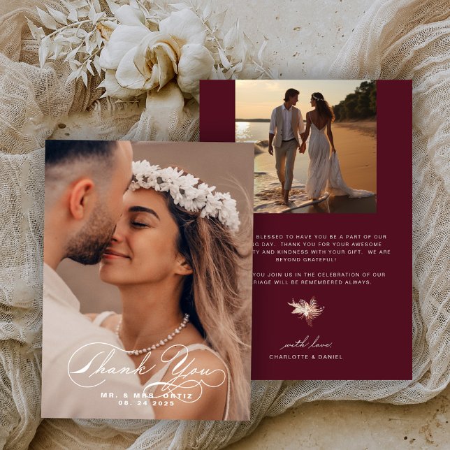 Tarjeta De Agradecimiento Elegante caligrafía Boda de fotografía Borgoña (Subido por el creador)
