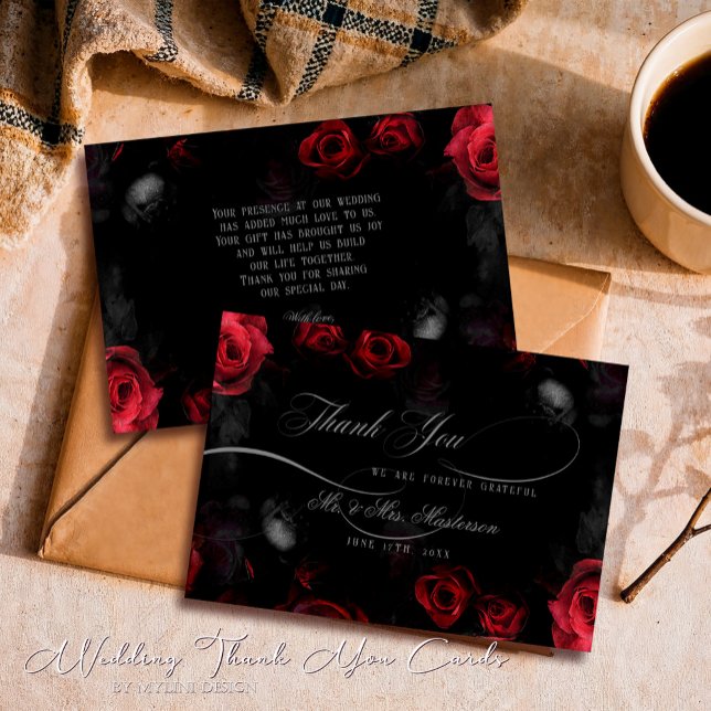 Tarjeta De Agradecimiento Elegante caligrafía Boda rojo negro floral (Subido por el creador)