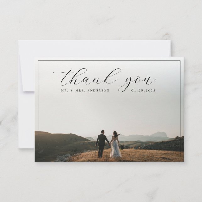 Tarjeta De Agradecimiento Elegante caligrafía borde foto Boda gris suave (Anverso)