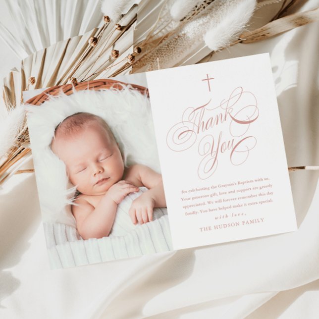 Tarjeta De Agradecimiento Elegante caligrafía Chicas rosados foto bautismo (Elegant calligraphy baby girls photo baptism thank you card.)