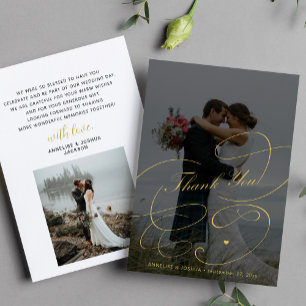Tarjeta De Agradecimiento Elegante caligrafía de oro 2 fotos boda de moda