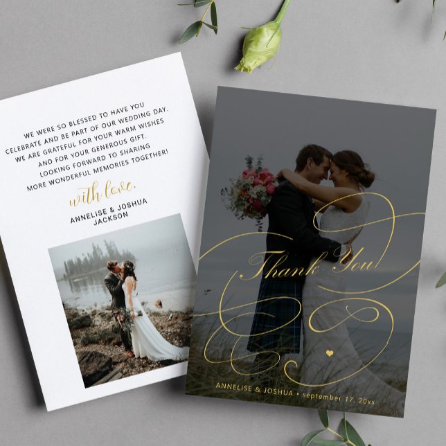 Tarjeta De Agradecimiento Elegante caligrafía de oro 2 fotos boda de moda (Subido por el creador)