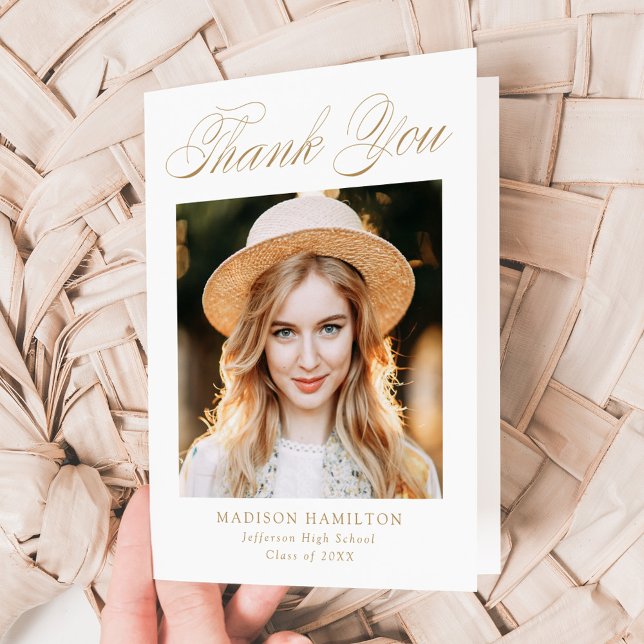Tarjeta De Agradecimiento Elegante Caligrafía de Oro Graduación de Foto (Subido por el creador)