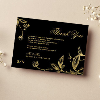 Tarjeta De Agradecimiento Elegante caligrafía dorada boda negro floral