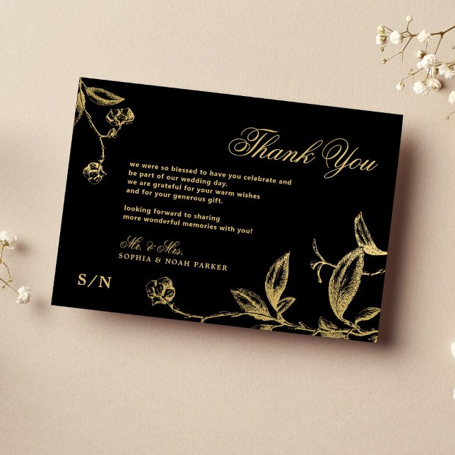 Tarjeta De Agradecimiento Elegante caligrafía dorada boda negro floral (Subido por el creador)