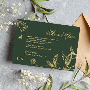 Tarjeta De Agradecimiento Elegante caligrafía dorada boda verde floral