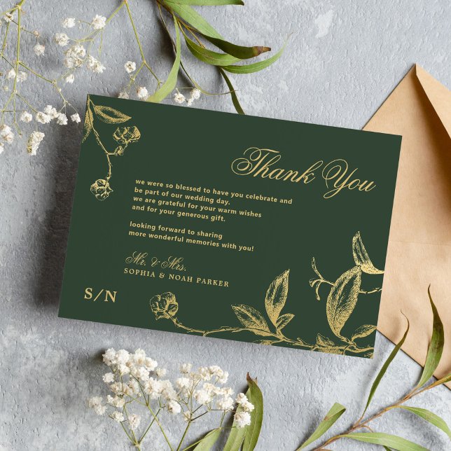 Tarjeta De Agradecimiento Elegante caligrafía dorada boda verde floral (Subido por el creador)