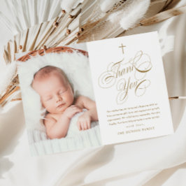 Tarjeta De Agradecimiento Elegante Caligrafía Dorada Foto de Bautizo de Bebé