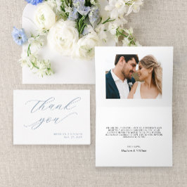 Tarjeta De Agradecimiento Elegante caligrafía Dusty Blue Photo Boda