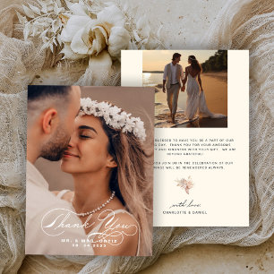 Tarjeta De Agradecimiento Elegante caligrafía Foto Boda Ecru
