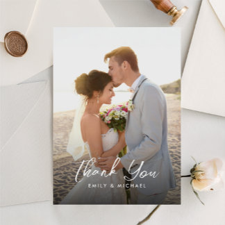 Tarjeta De Agradecimiento Elegante Caligrafía Foto de Boda Polvo Azul