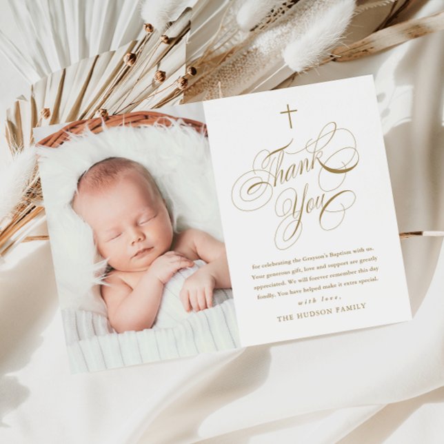 Tarjeta De Agradecimiento Elegante caligrafía Oro Baptismo de foto bebé (Elegant calligraphy baby photo baptism thank you card.)