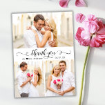 Tarjeta De Agradecimiento Elegante caligrafía Script 3 Boda de Collage de fo<br><div class="desc">Moderna Elegante Moda Caligrafía 3 Collage de fotos Boda Tarjeta De Agradecimiento. Elegante plantilla de tarjeta de agradecimiento boda con tres (3) fotos en la parte delantera y una (1) foto en la parte posterior. Con el texto "gracias" en una caligrafía o tipografía con letras a mano torrente crujir el...</div>