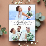 Tarjeta De Agradecimiento Elegante caligrafía Script Boda 3 Collage de fotos<br><div class="desc">Moderno, Elegante, De Mano Rápida Boda 3 Collage de fotos Tarjeta De Agradecimiento. Elegante plantilla de tarjeta de agradecimiento boda con tres (3) fotos en la parte delantera y una (1) foto en la parte posterior. Con el texto "gracias" en una caligrafía con letras redondeadas a mano o tipografía con...</div>