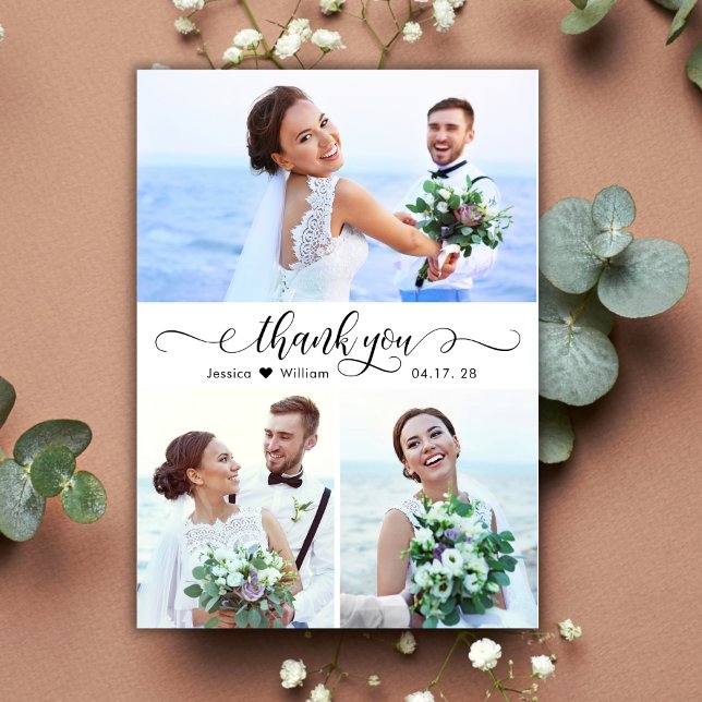 Tarjeta De Agradecimiento Elegante caligrafía Script Boda 3 Collage de fotos (Subido por el creador)